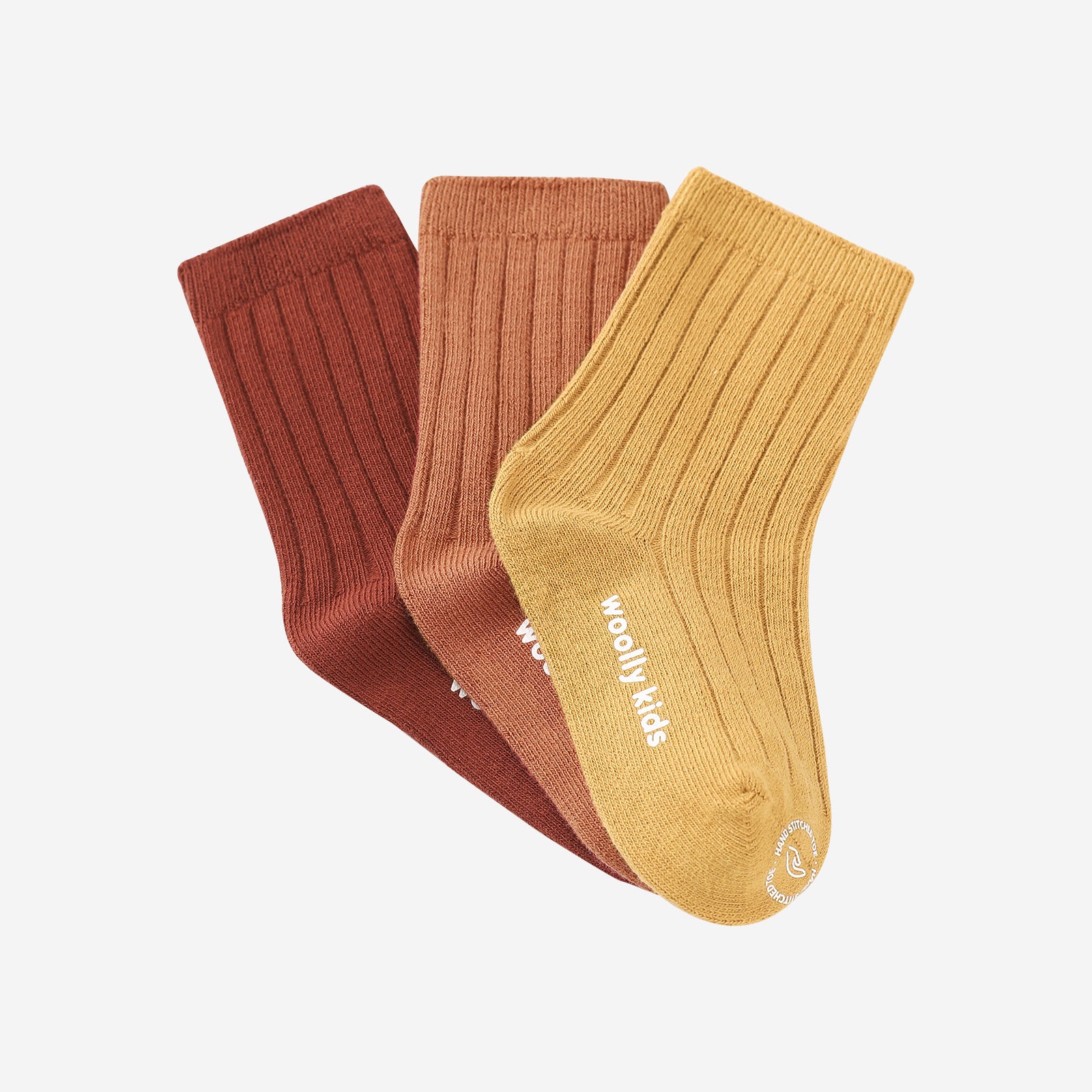 Woolly Socks Packaging for 3 pairs - Cocoa Brown+Gravel Red+Sunflower Yellow