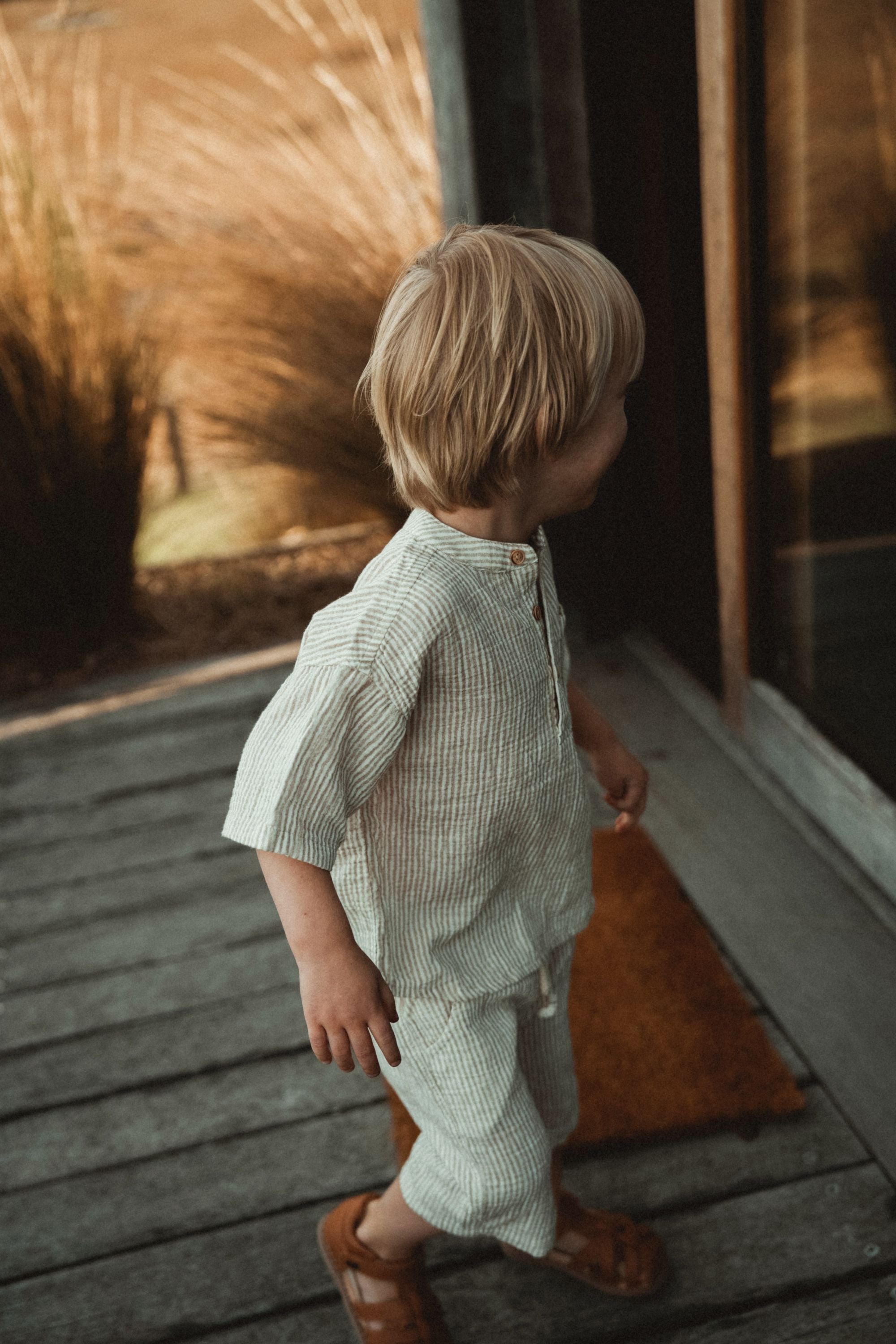 wirrawirra gender neutral newborn clothes striped short sleeved shirt oatmeal 24 Summer Blouses Boys New Arrivals Shirts