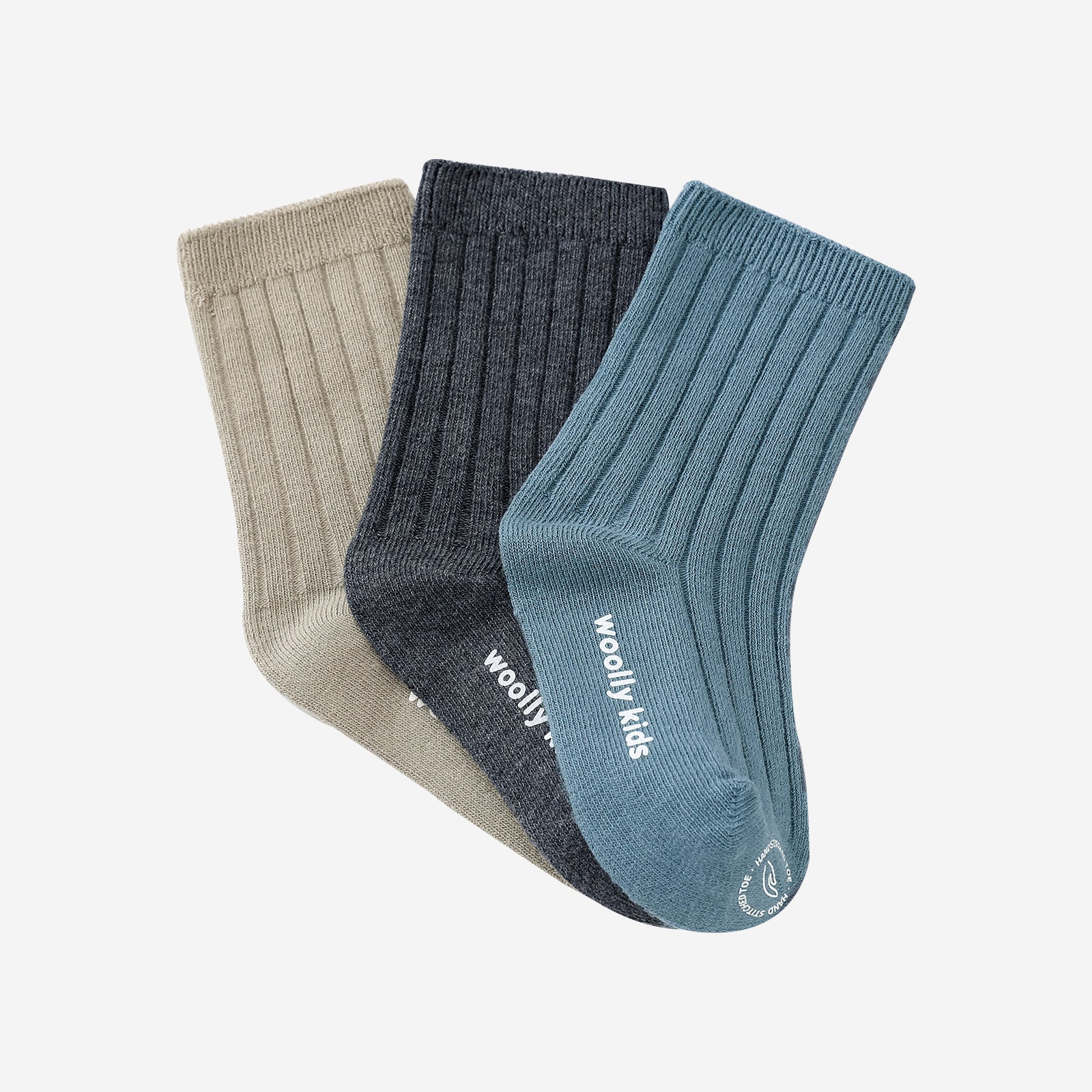 Woolly Socks Packaging for 3 pairs - Cardamun Green+Lake Blue+Tiles Grey