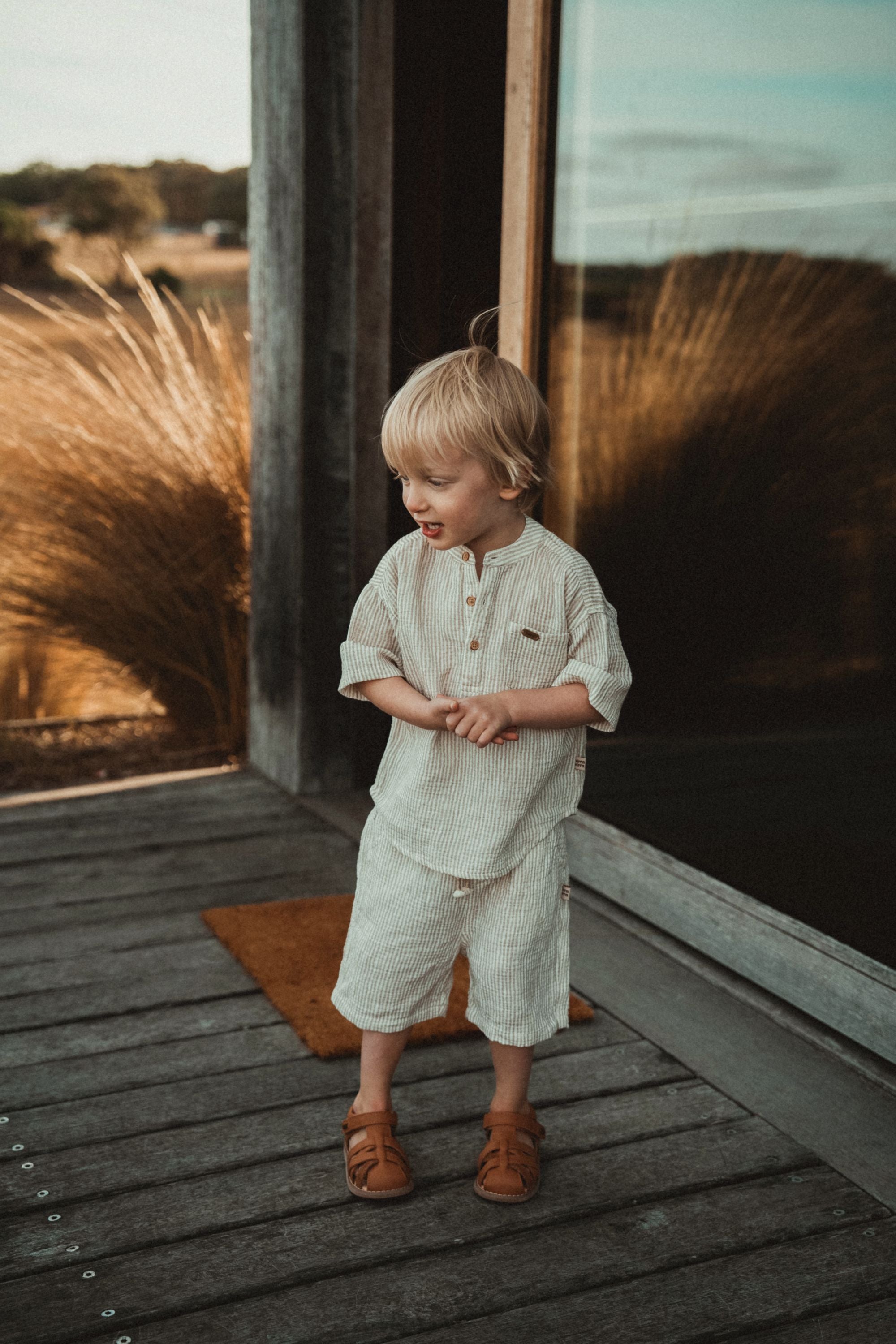 wirrawirra baby items striped short sleeved shirt oatmeal 24 Summer Blouses Boys New Arrivals Shirts